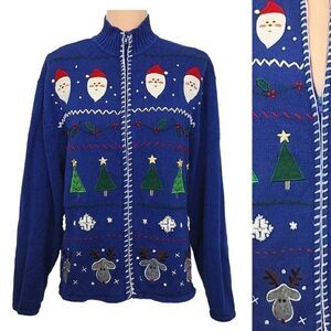 VTG 90s Blue Red Santa Christmas Knit Crochet Sweater Cardigan XL
